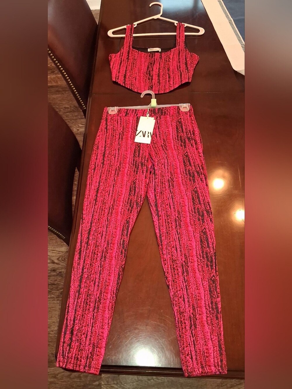 NWT ZARA Pink & Black Ribbed Crop Top & Leggings Set Small